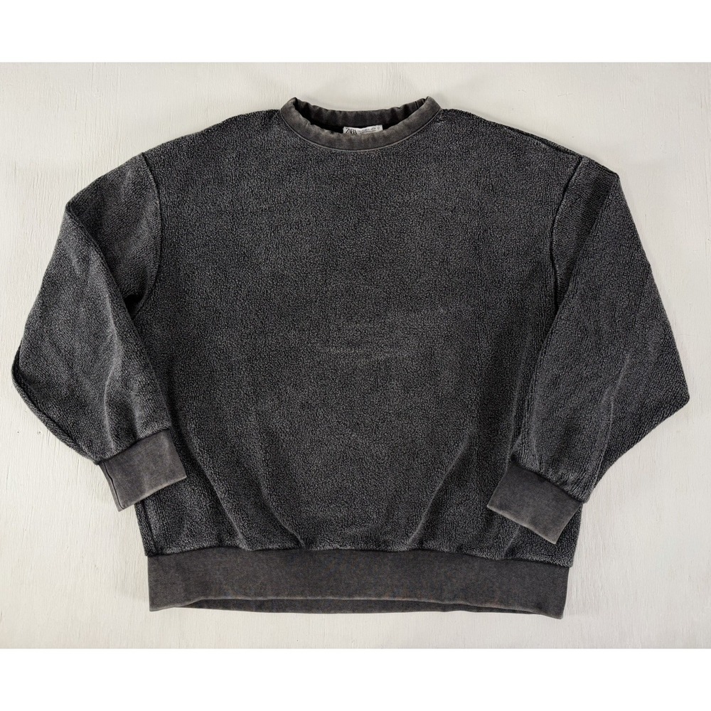 Zara Textured Oversized Washed Effect Insideout Crewneck Sweatshirt Dark Gray S